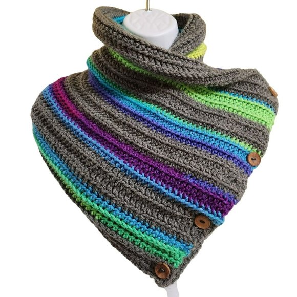 Washable long wide shawl scarf multicolor rainbow handknit wood buttons - Picture 11 of 11